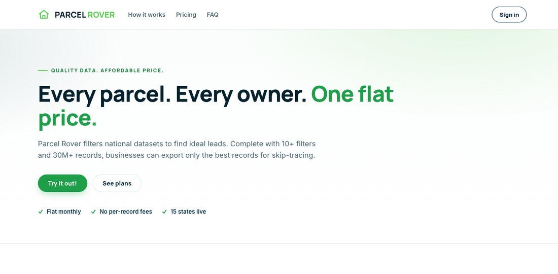 Parcel Rover homepage — a real website built and run on the same AI system